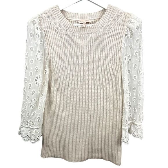 Rebecca Taylor Lace Sleeve Cream Pullover Sweater Size M - Picture 2 of 6